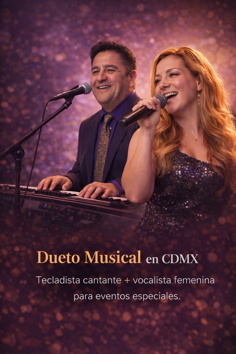 Dueto musical con voz femenina y tecladista durante una presentación en CDMX